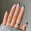 24Pcs French Green Short Almond Fake Nails With Wave Line Design Round Head Press On Nail Tips