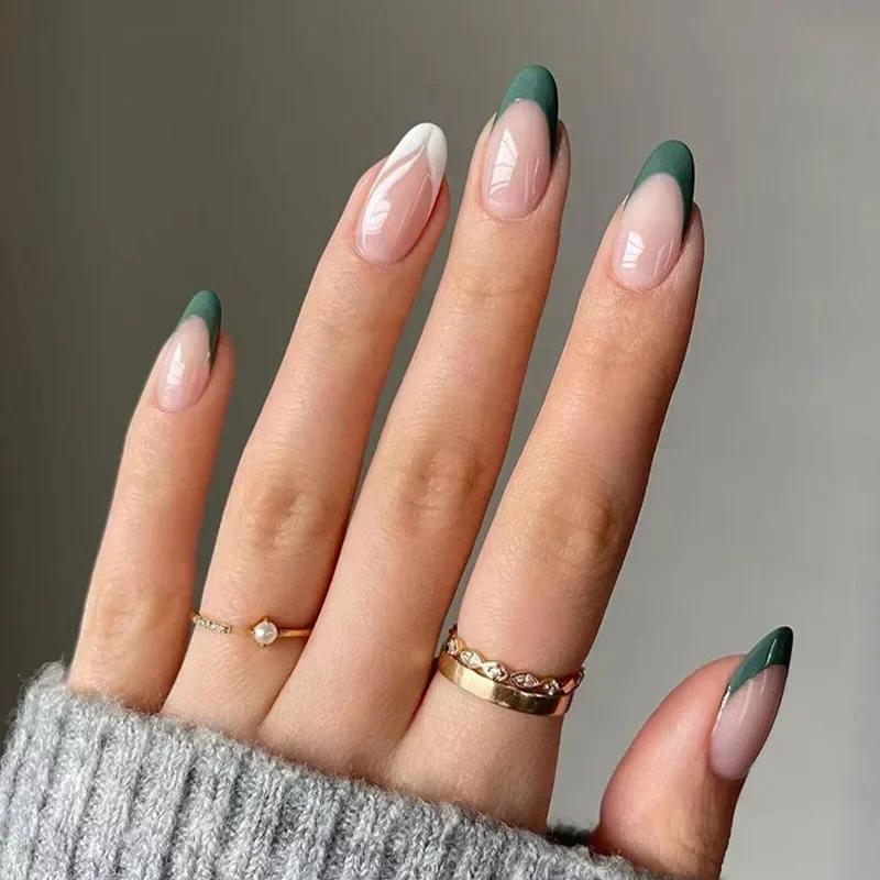 24Pcs French Green Short Almond Fake Nails With Wave Line Design Round Head Press On Nail Tips