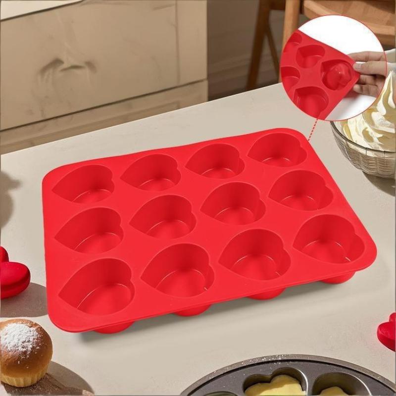 12-Cavity Silicone Cake Mold Heart-Shaped Non-Stick Baking Mold For Brownies Food-Grade Microwave Safe Cupcake Making Tool