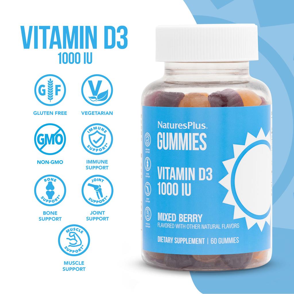 NaturesPlus, Vitamin D3-Fruchtgummis, gemischte Beeren, 1.000 IE, 60 Fruchtgummis