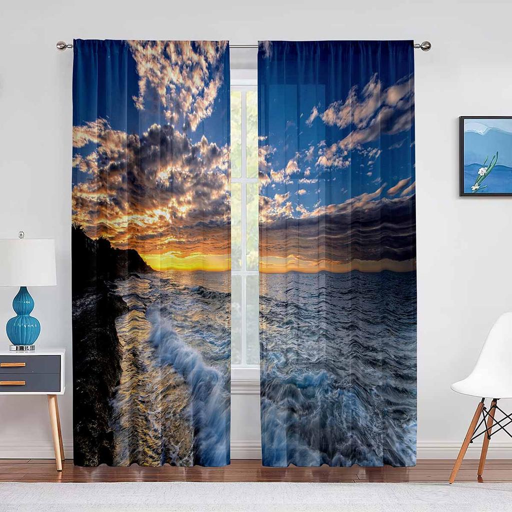Sunset Clouds Sheer Voile Curtain Sun Rays Landscape View Art Window Tulle Curtains for Living Room Bedroom Kitchen Decorations