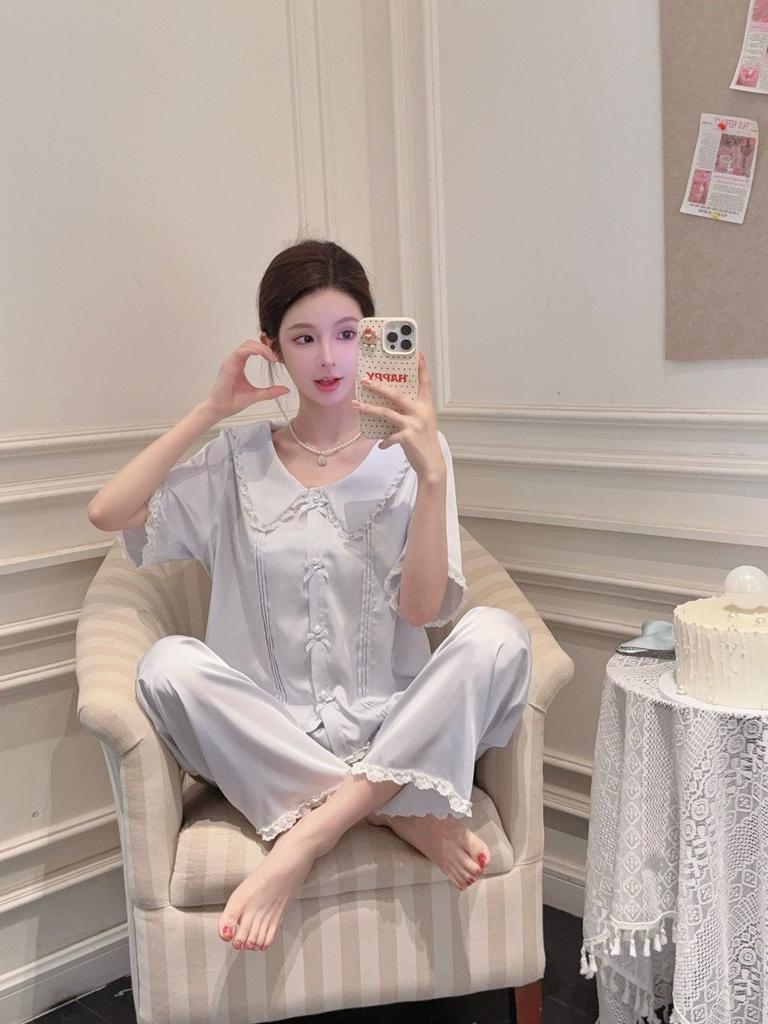 1011 New Pajamas Women's Summer Ice Silk Short-sleeved Trousers Set Unique and Beautiful Korean Girl Loungewear