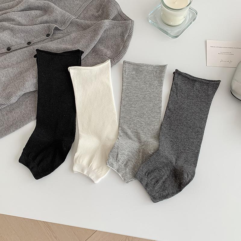 Female Autumn New Style Trend All Match Solid Color Roll Edge Step Foot Pile Pile Stocking