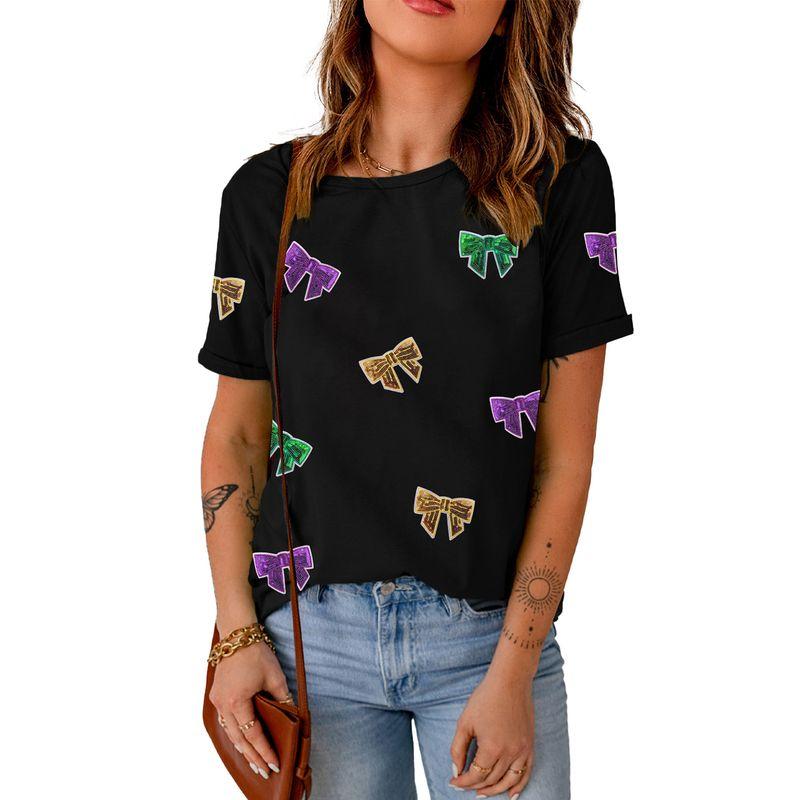 American Acelitt Sequins Bow Short Sleeve T-shirt Women 2025 Summer New Personality All-matching Pullover Women