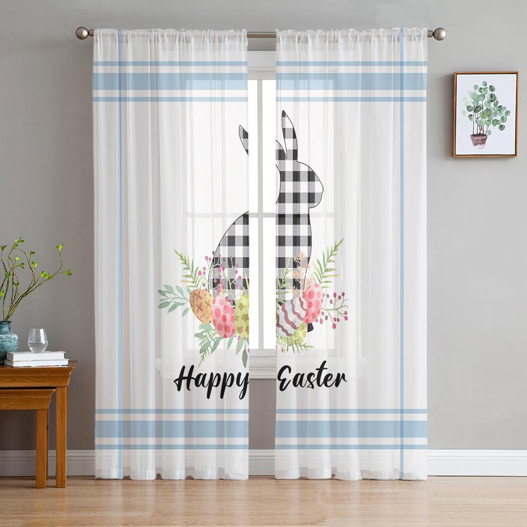 Easter Retro Farm Style Bunny Sheer Curtains for Bedroom Living Room Festival Decor Cute Rabbit Kitchen Window Tulle Curtain