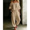 Womens Off Shoulder Long Sleeve Top Drawstring Waist Tapered Pants Two Piece Casual Outfit