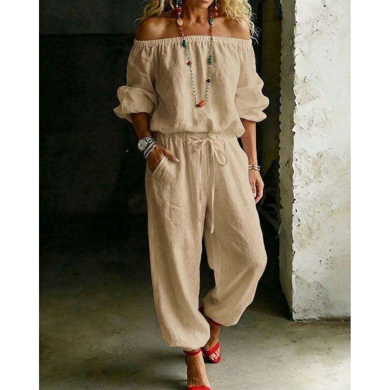 Womens Off Shoulder Long Sleeve Top Drawstring Waist Tapered Pants Two Piece Casual Outfit
