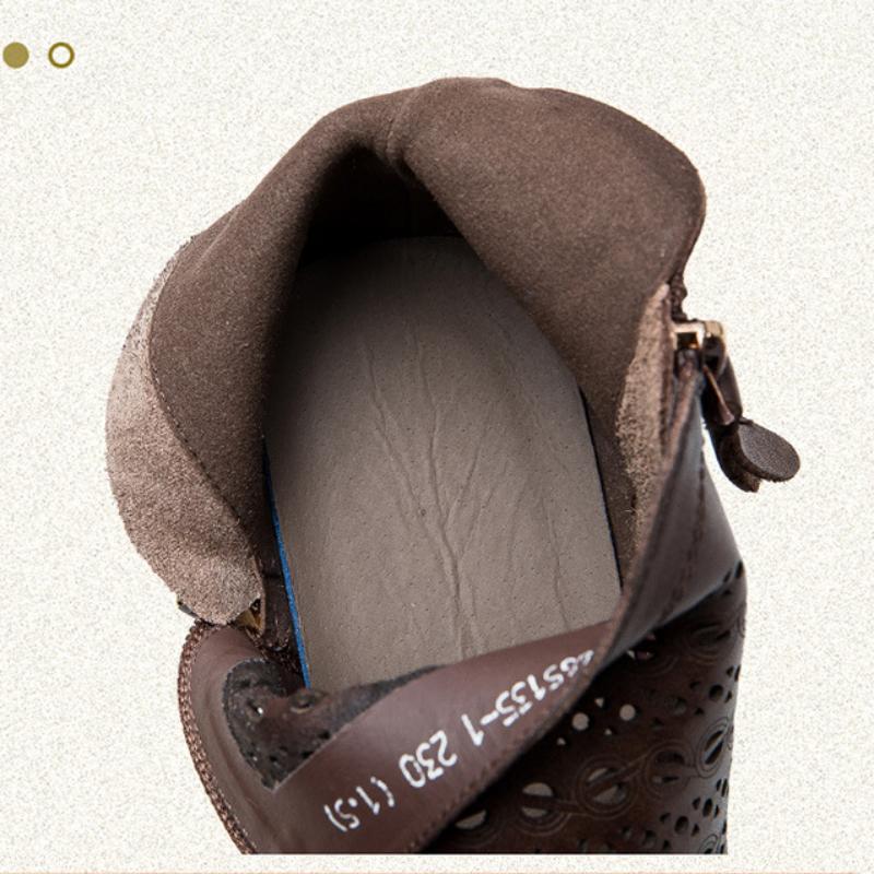 Johnature Genuine Leather Breathable Hollow Out Boots Retro Versatile Comfortable Women's Wedges Shoes