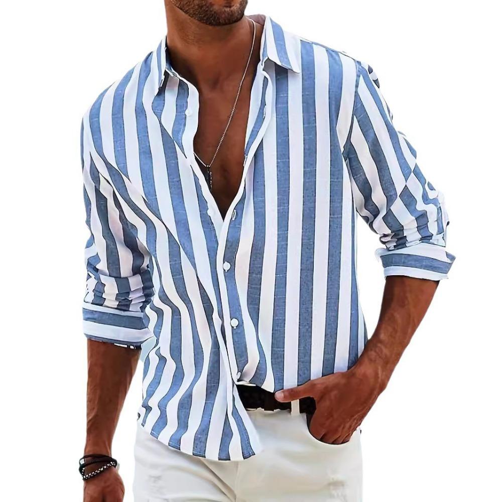 Cămașă bărbătească de primăvară și toamnă, casual, cu rever cu dungi, cu mânecă lungă