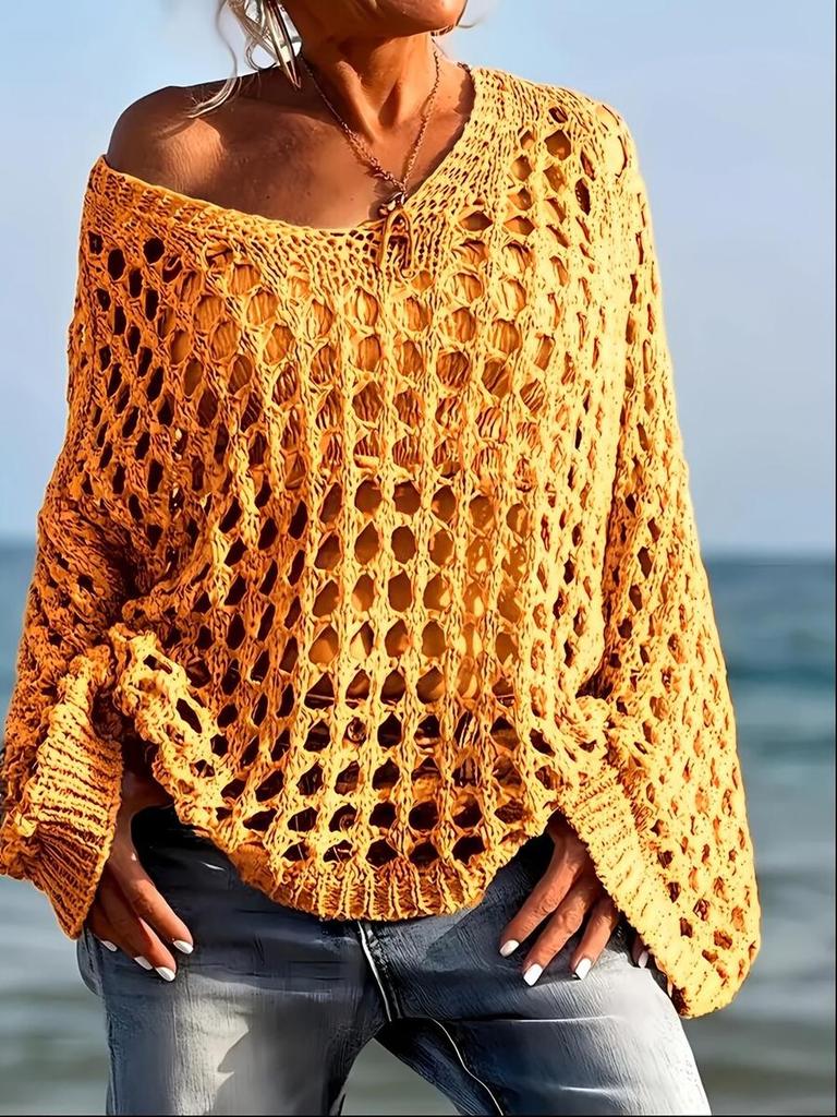 New Sexy Hollow Knit Sun Protection Shirt Summer Vacation Knit Top for Women Spring and Summer Outerwear Beach Cover-up Loose Top