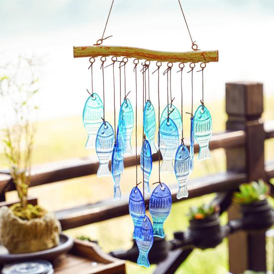 Blauer Glasfisch Windspiel Handgefertigt Nautisches Fisch-Thema Sonnensammler Innen Außen Garten Hof Terrasse Hängende Windglocke Dekoration