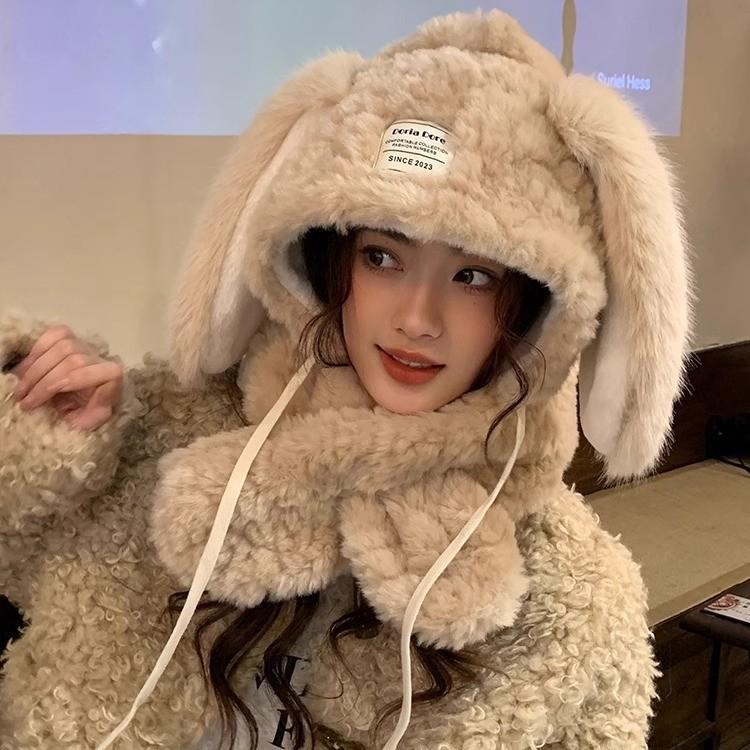 Chapeau en peluche mignon et tendance de style coréen avec de longues oreilles de lapin pour femmes Chaud et polyvalent Montrant le visage Petit Protège-oreilles Protection du cou Chapeau