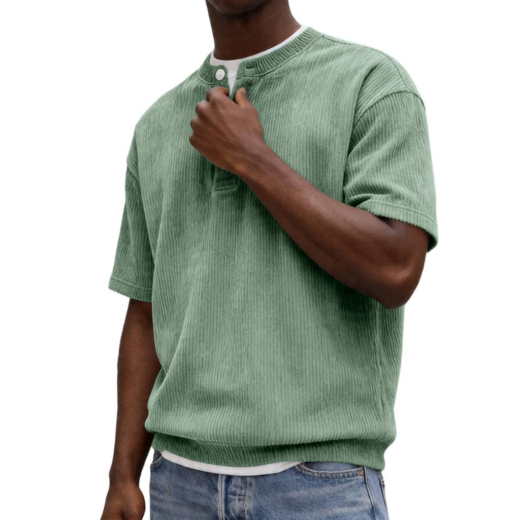 Men Henley Neck Short Sleeve Corduroy Shirt with Button Placket Relaxed Fit Casual Summer Top for Everyday Wear