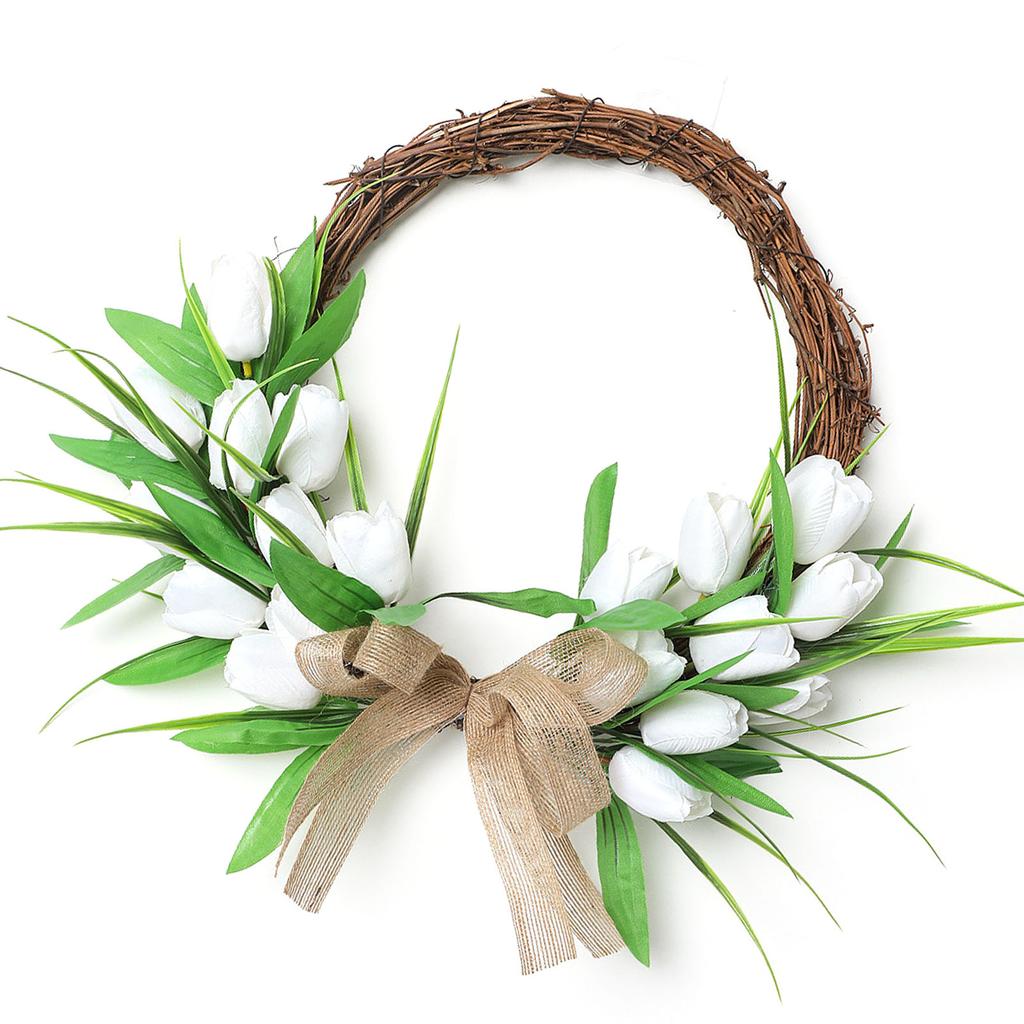 Front Door Wreath Hanging Decoration Simulated Flower Holiday Spring Home Decoration White with Rattan Hoop