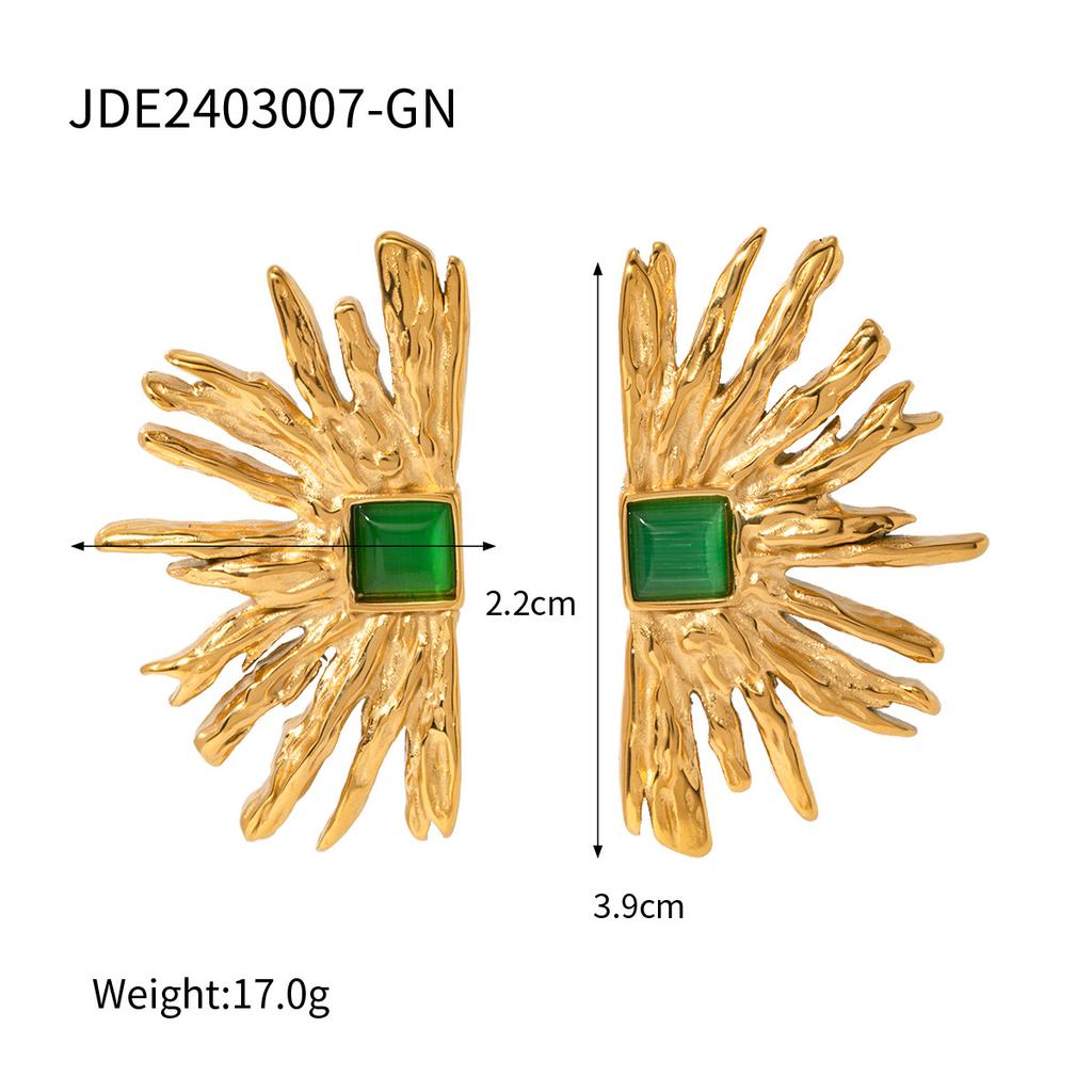 INS18K gold stainless steel stud earrings unique design sense red opal semi-circle sun-shaped titanium steel earrings