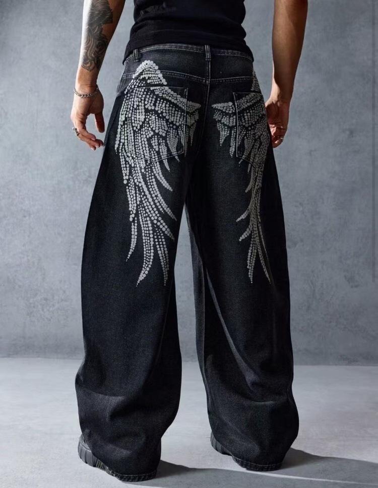 European and American street wing printed jeans men's straight loose high street washed denim trousers men