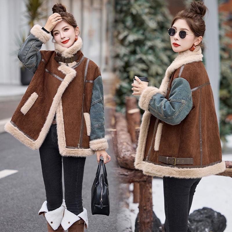 

Женская джинсовая куртка в стиле пэчворк, колор-блок, на флисе, с воротником из овчины XL (130-145 jin)