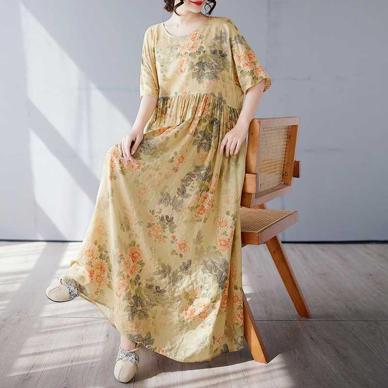 Simple and Fashionable Long Skirt Summer Short Sleeved Round Neck Printed Dress