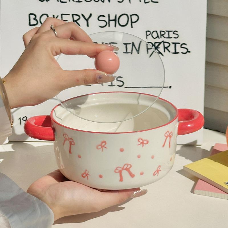 Girl's Heart Bow Binaural Ceramic Instant Noodle Bowl Student Dormitory Rice Bowl Large Capacity Microwave Oven Snail Powder Bowl