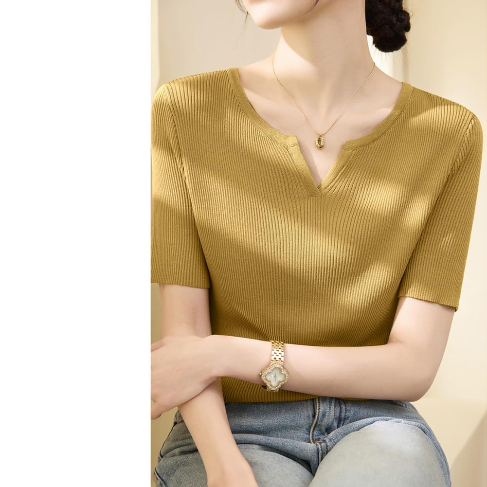 Knit Summer Short Cool to the Cut and Everyday Summer [Yino] Women's Sweater, Knit, Ribbed, Sleeve, V-Neck, Top, Stretchy, Touch, Thin, Versatile,
