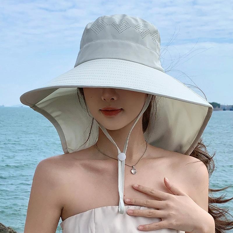 Outdoor riding neck cape hat summer new can tie ponytail big brim sun hat solid color bucket hat women