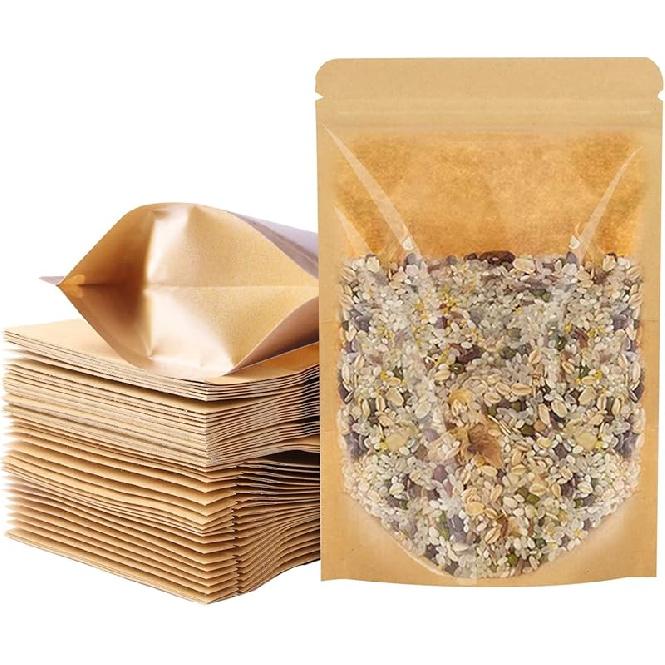 100 PCS Stand Up Pouches, 4 x 6 inch Kraft Paper Food Bags with Clear Window, Reusable Ziplock Food Storage Bags Resealable Pouches for Foods, Coffee 3.5x5.5inch