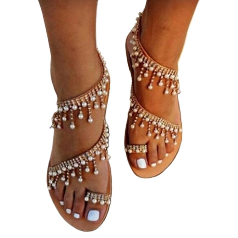 Fashion 1 Pair Women Beach Sandals Faux Pearl Tassels Flat Dressy Ankle Strap Open Toe Lightweight Women Casual Sandals Shoes