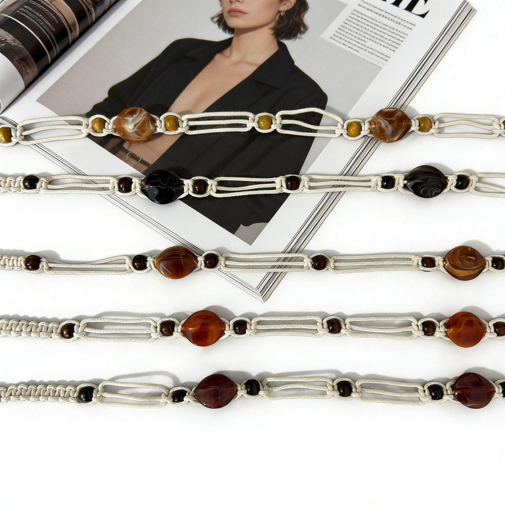 Bohemian Ethnic Handmade Woven Wax Cord Belt for Women: Decorative Waist Accessory for Dresses and Vacation Style.