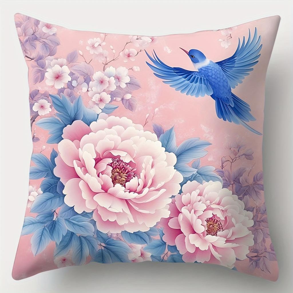 Pink Peony Blue Bird Pillow Covers, Chinese Floral Art Decorative Throw Pillow Cases, Chinoiserie Home Decor Cushion Covers