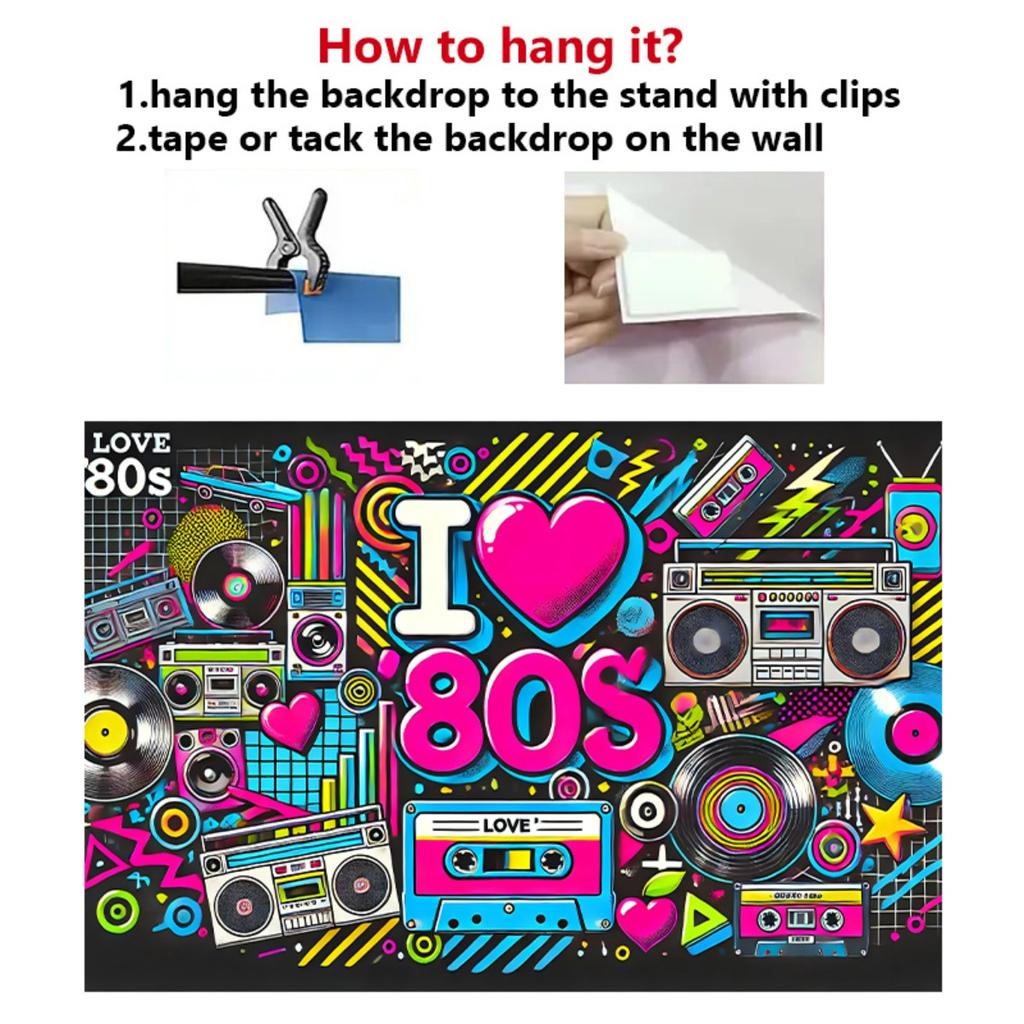 Bannière de fond des années 1980 avec un design de lumière néon colorée et imprimée avec les mots ' I Love 80s' associée à une cassette audio