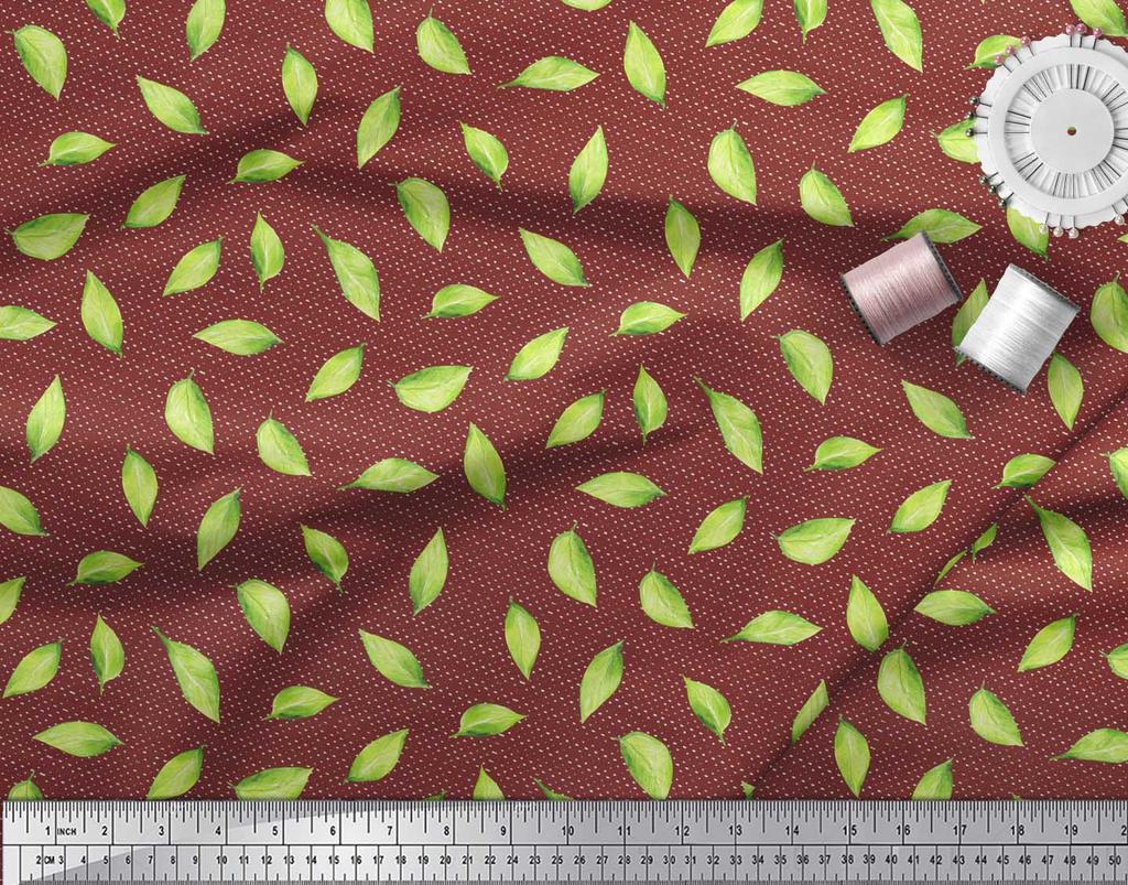 Soimoi Red Poly Crepe Fabric Hosta Leaves Print Fabric by the metre 42 Inch