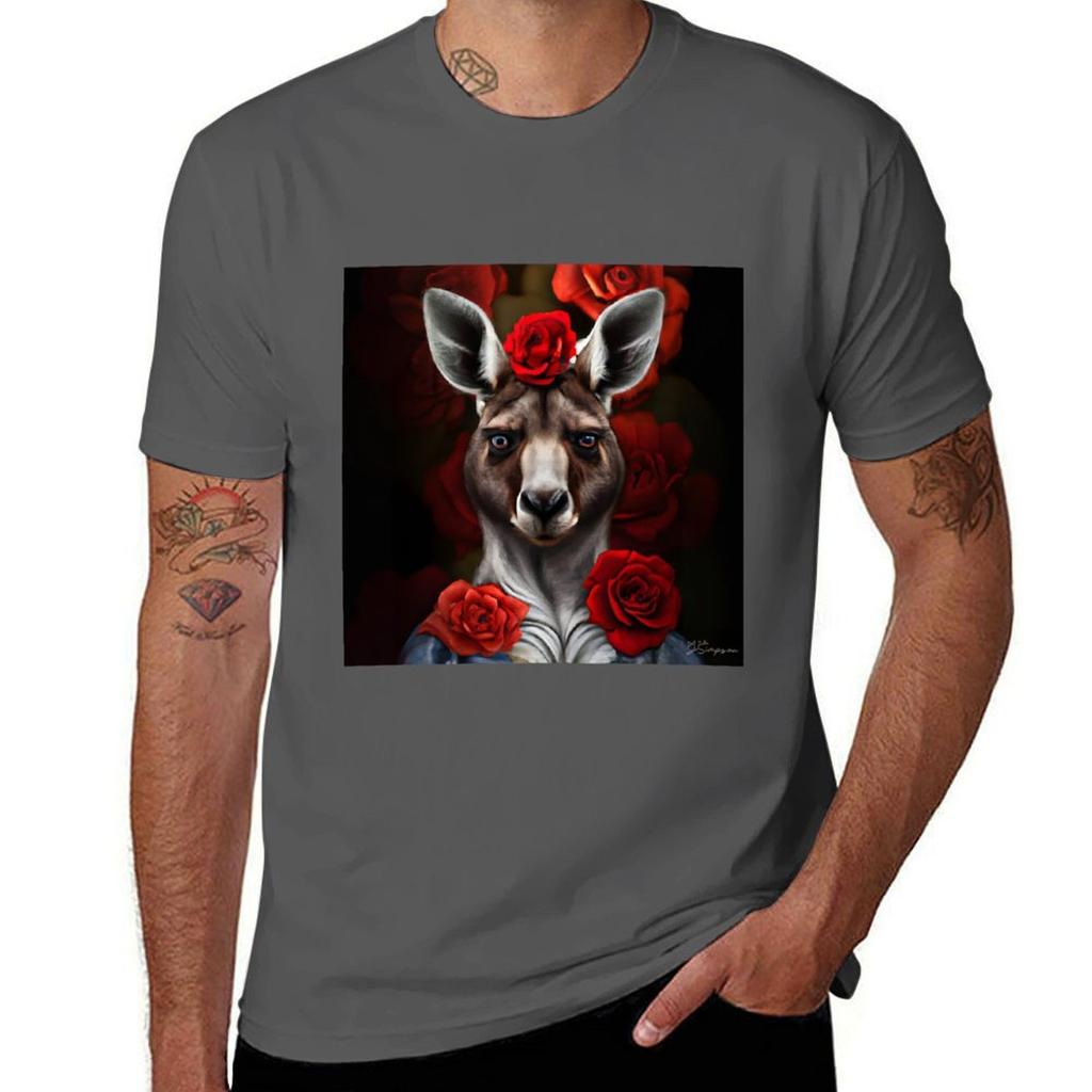 Kangaroo Lady with Red Roses TShirt NonShrink Basic Cotton TShirt