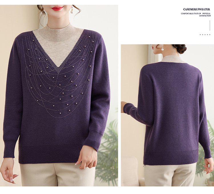 Mom's Velvet Thickened Knit Two-Piece Sweater for Autumn/Winter - Mid-Age Half-High Collar