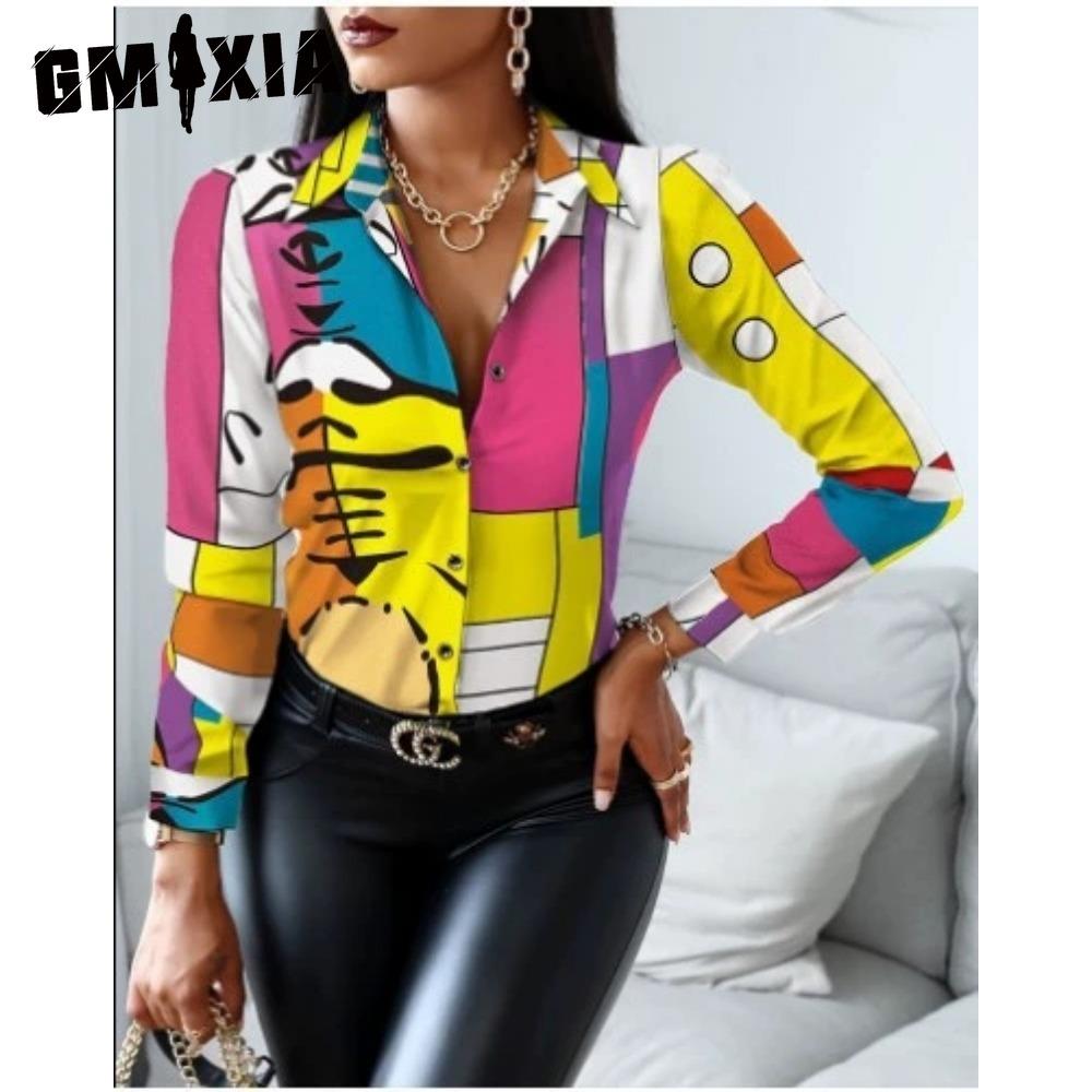 GMXIA Women's Fashion Casual Solid Color Print Long Sleeve POLO Neck Blouses & Shirts