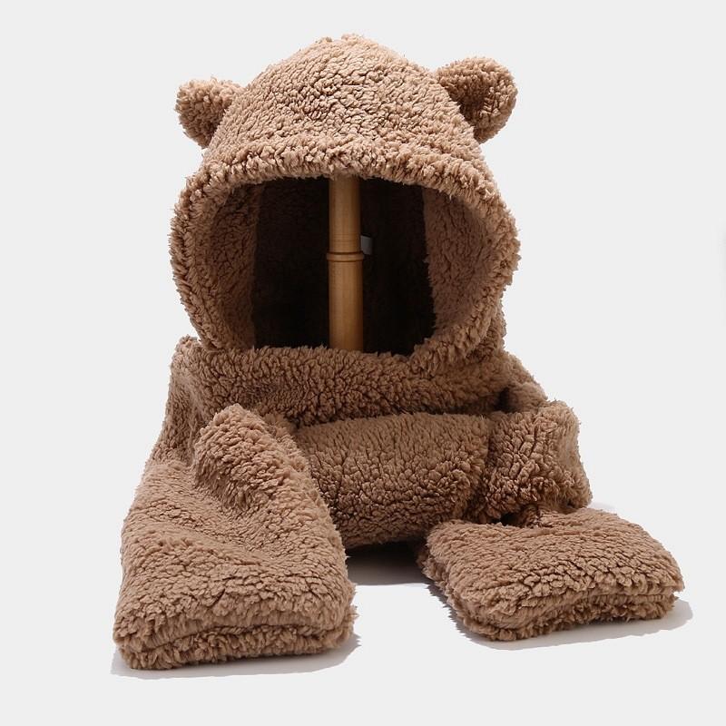 

Kids Bear Hat Neck Cover And Gloves Set With Windproof And Sunblock Features світло-коричневого кольору