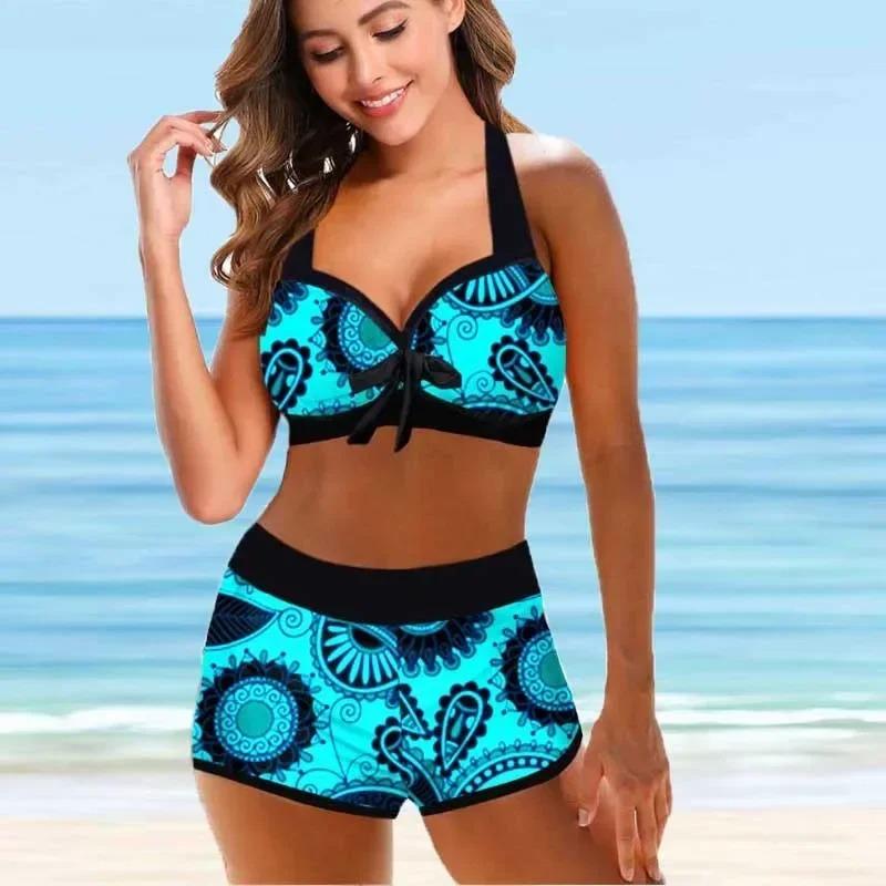 2025 Europa Und Die Vereinigten Staaten Amazon Neu Geteilt Gerafftes Neckholder Sexy Rückenfreies Bikini Retro-Print Badeanzug Damen