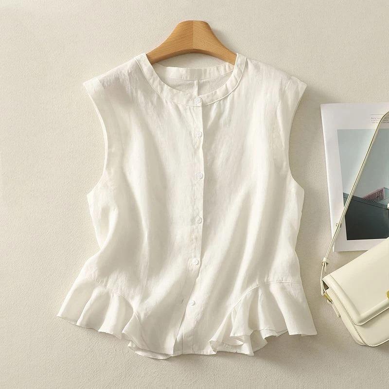 yellow stand collar sleeveless ruffle hem linen blouse for women casual wear M белый