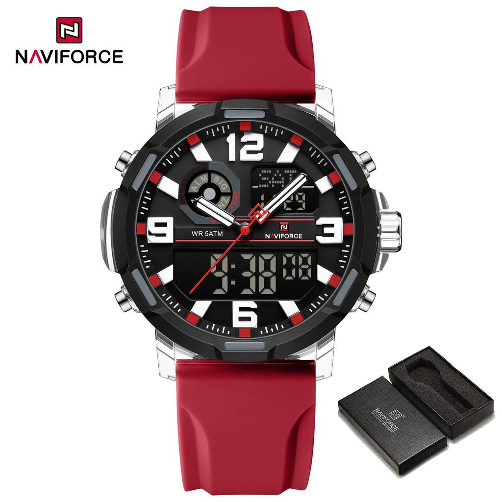 NAVIFORCE Original Men Dual Time Watch Quartz Movement LCD Digital Silicone Strap Waterproof Calendar Date Night Pattern Men Watch NF7130