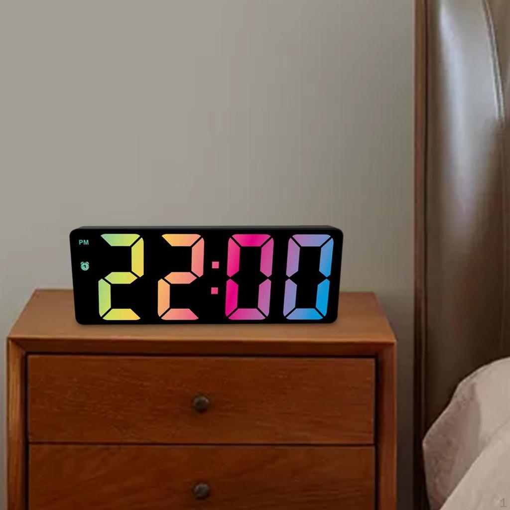 Colorful Big Screen Electronic Clock with Snooze Battery Operated Calendar Plug Dimmer for Tabletop
