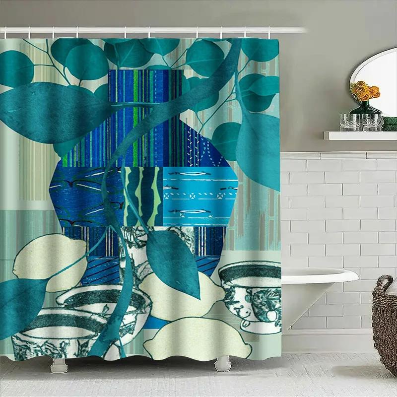 Stilvorhang Blaue Grüne Blätter Modernes Wohnaccessoire Duschpaneele Künstlerischer Fliesen-Backsplash Tapetendesign Badezimmerdekoration