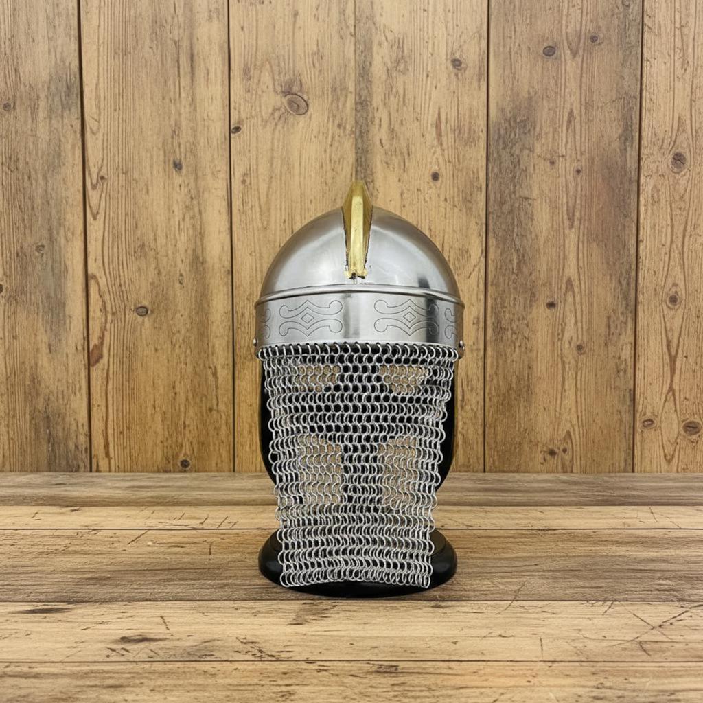Medieval Viking Chainmail Helmet Replica with Wooden Display Stand Historical Armor Decor