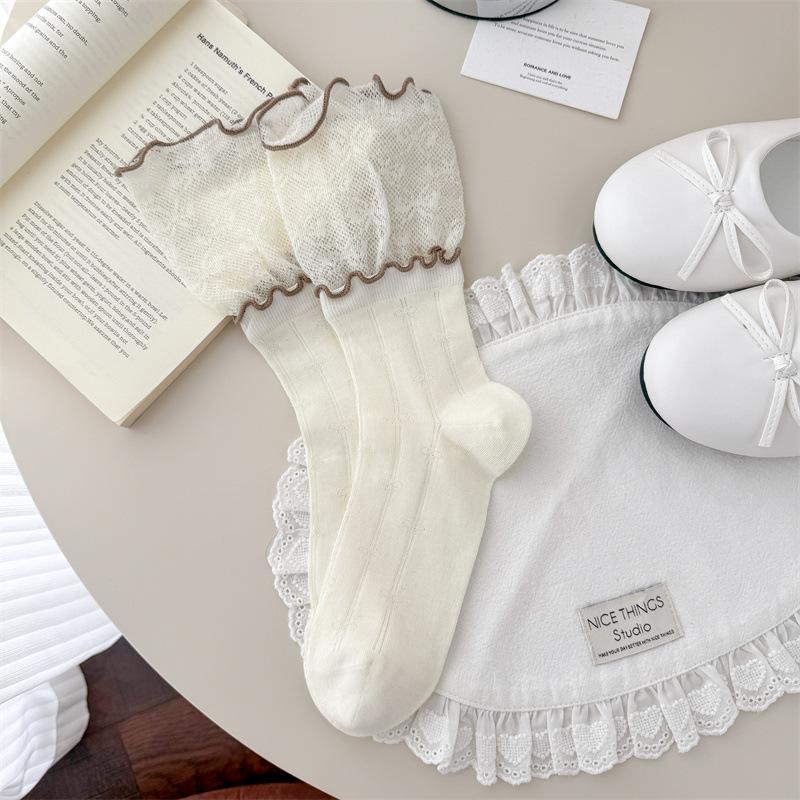 1 Pair Ballet Style Double Layer Black Fungus Edge Socks Summer Thin Mesh Breathable Japanese Style Series Girls Pile Socks