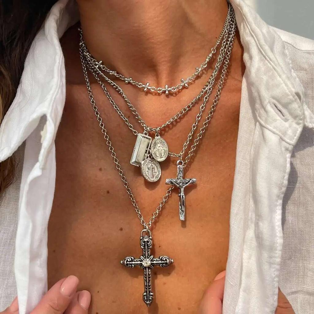 PuRui 4Pcs/Set Creative Square Dangle Jesus Cross Round Coin Pendant Alloy Necklace Women Fashion Party Banquet Y2K Zircon New