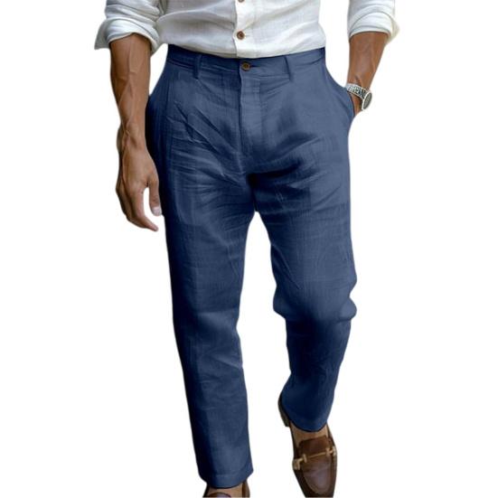 Men Linen Casual Pants Plain Color Dress Pants with Trousers Breathable Regular Fit Belt Loop