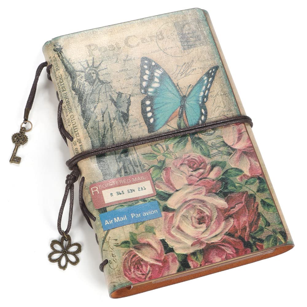 

Diary Notebook Memo Pad PU Leather Vintage Undated Ring Notebook AngelicateAntique (Butterfly)