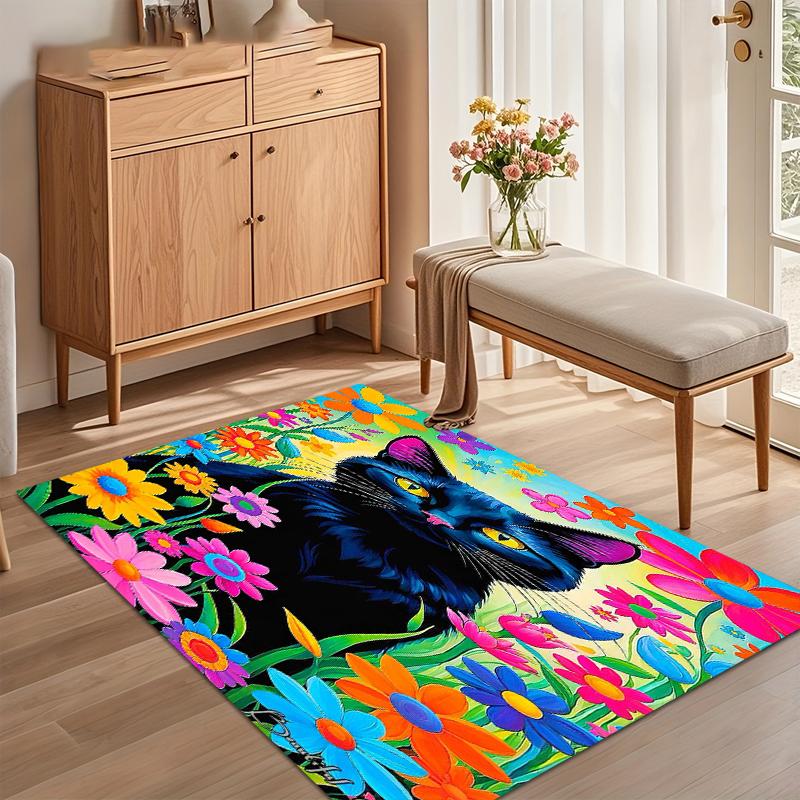 Artistic Area Rug Black Cat Floral Oil Painting Non Slip Floor Mat Flannel Carpet for Bathroom Kitchen Bedroom Home Decor Gift