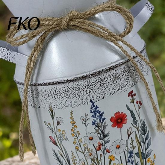 Farmhouse Decor Vase Vintage Iron Flower Bucket, Rustic White Double-Handle Metal with Floral Print & Jute Dried Holder Bow, Tabletop for