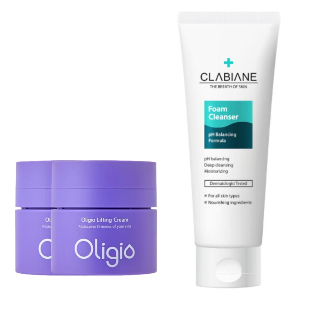 CLABIANE Oligio Lifting Cream Gift Set (Lifting Cream 50ml x 2 + Foam Cleanser 150ml) Anti-Aging & Firming Skin Care Kit