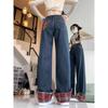 Women's Dark Blue Plaid Patchwork High-Waist Wide-Leg Jeans - Plus Size, Loose Fit, Slimming, Pear-Shaped, Autumn Style