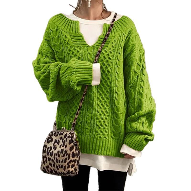 Brown Cable Knit V-Neck Loose Fit Long Sleeve Sweater